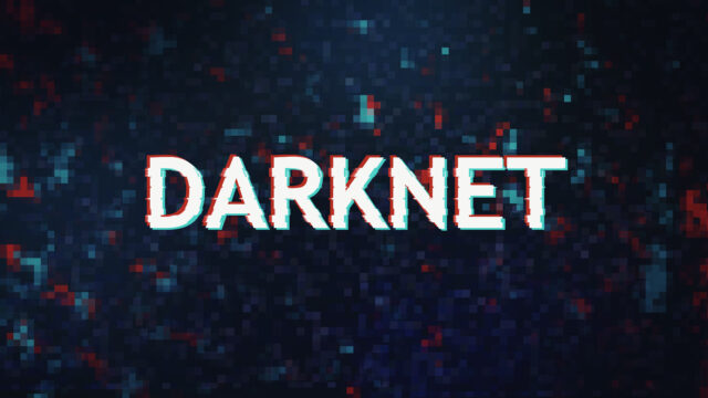 Poster with darknet inscription in glithched style over dark pixelated 