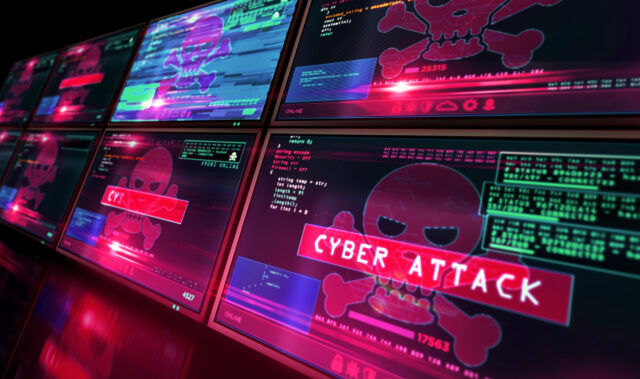 Cyber attack red alert with skull symbol on computer screen with glitch effect. Hacking, breach security system, cybercrime, piracy, digital safety and identity theft concept 3d illustration.